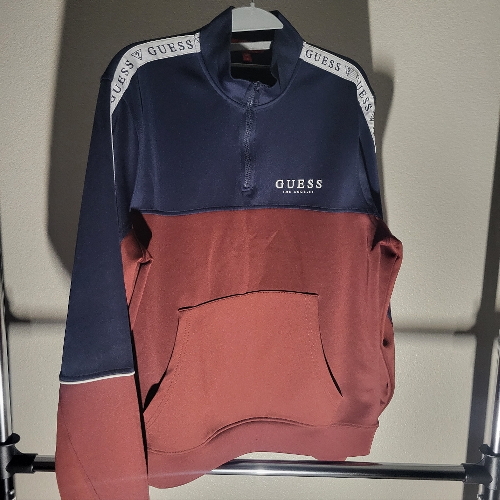 GUESS Men's Navy and Burgundy Colorblock Quarter-Zip Pullover